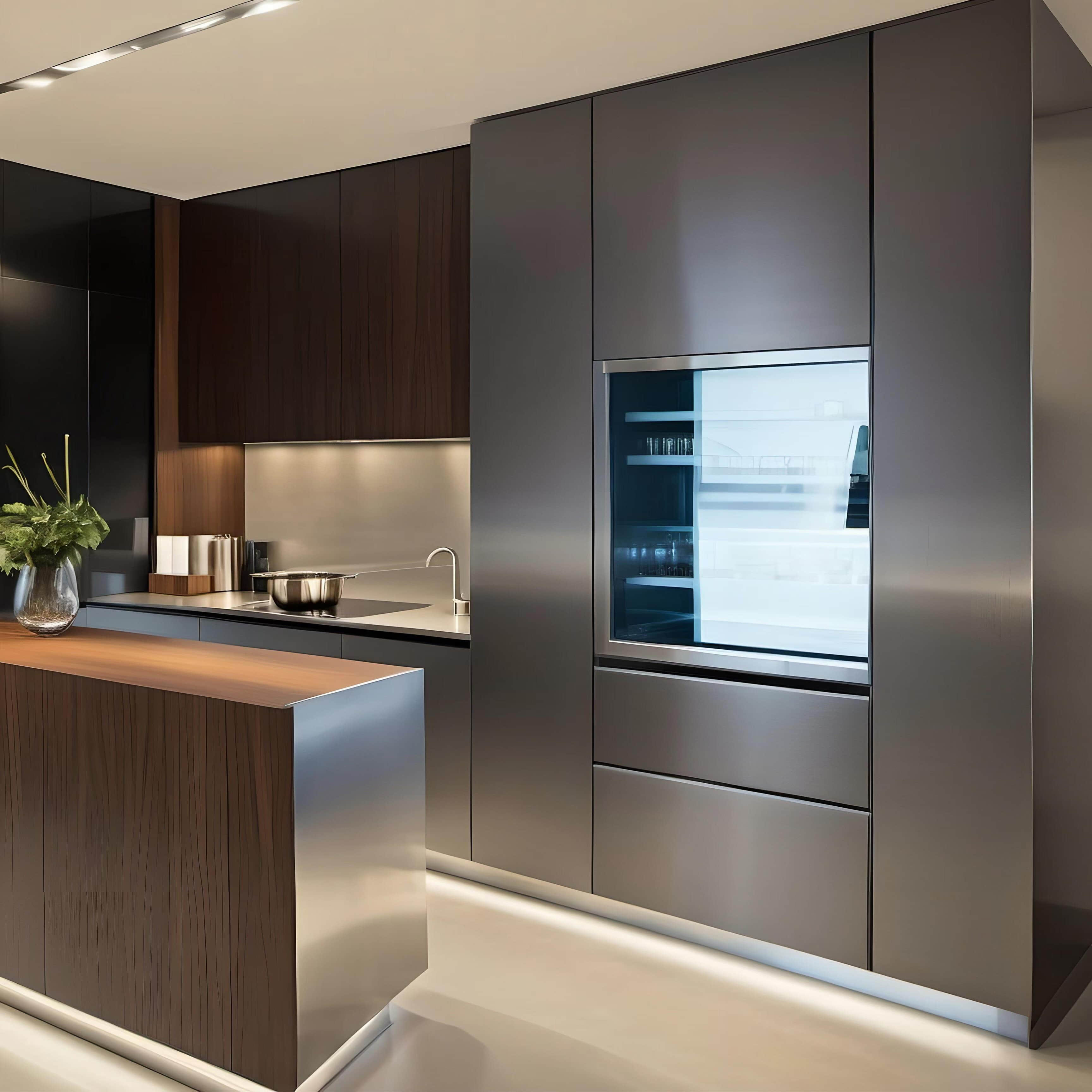 Brushed Stainless Steel upper kitchen cabinets