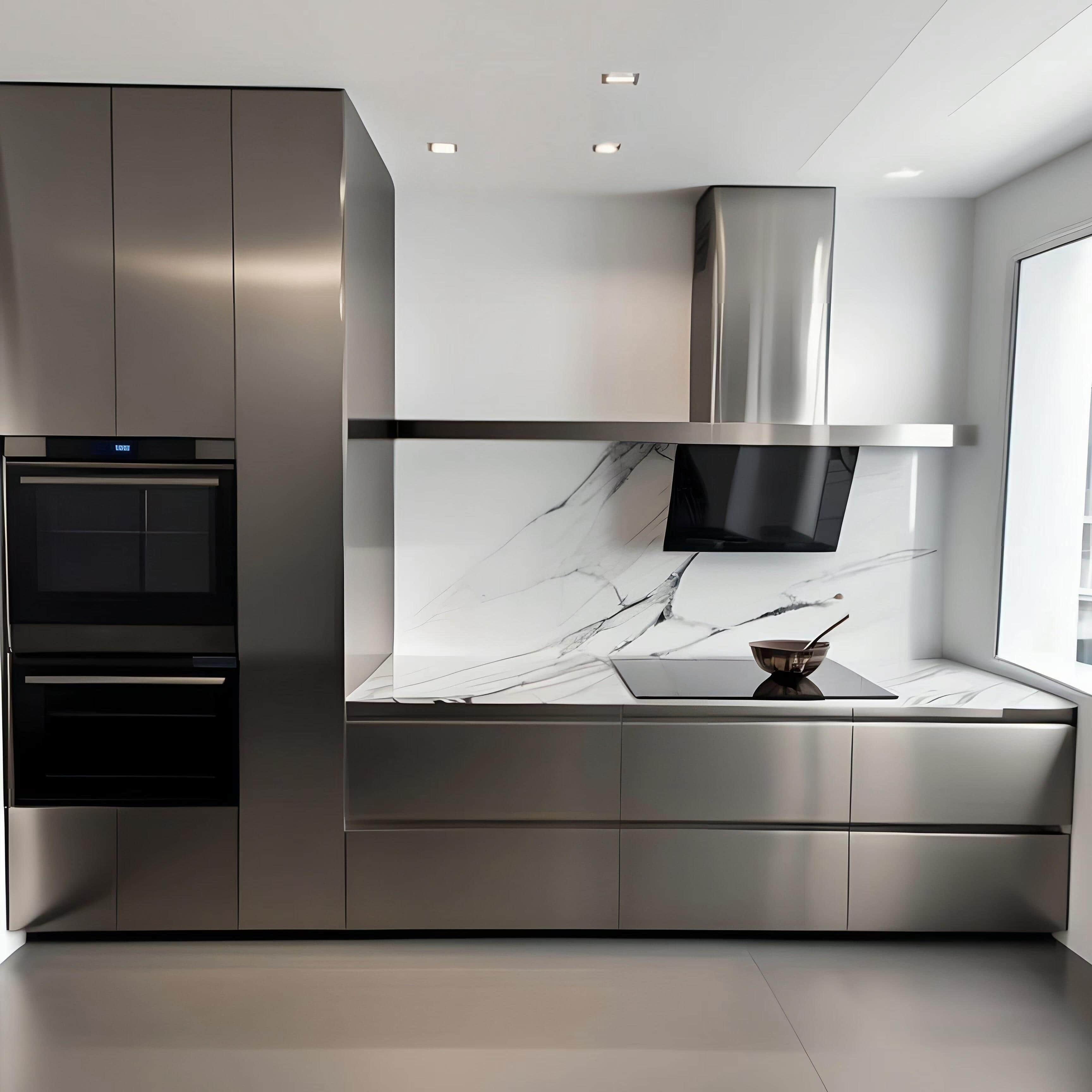 Brushed Stainless Steel upper kitchen cabinets